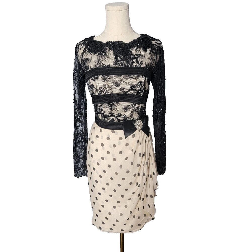 LianCarlo Dress Vintage 80s  Sz 6 Black Off White Polka Silk 60s 80s